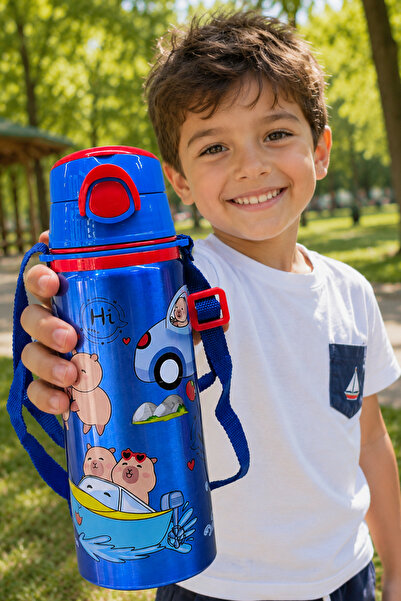 M&B WATER BOTTLE Metal Kapibara Motifli Pipetli Çocuk Matarası - 600 ML Kilit...