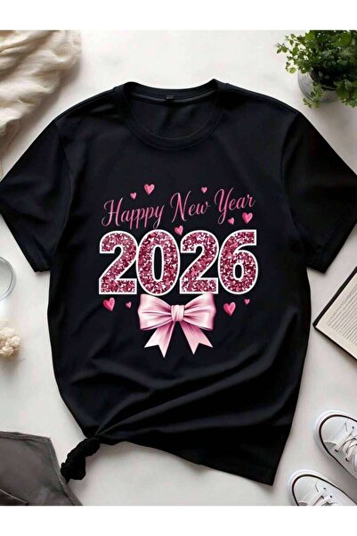 21JNRY قميص نسائي للاحتفال بالعام الجديد 2026 مع طباعة قلب وفيونكة وردية براق...
