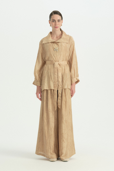 Nihan Stone Detailed Trousers Tunic Set - Camel