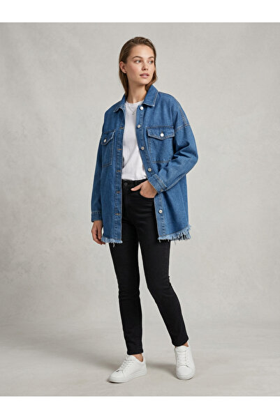 harmony factory Women's Blue Oversize Tassel Detailed Denim Jacket Shirt Deni...