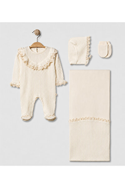 Pugi Baby Lace Detailed Baby Girl Romper, Blanket, Hat and Glove Set