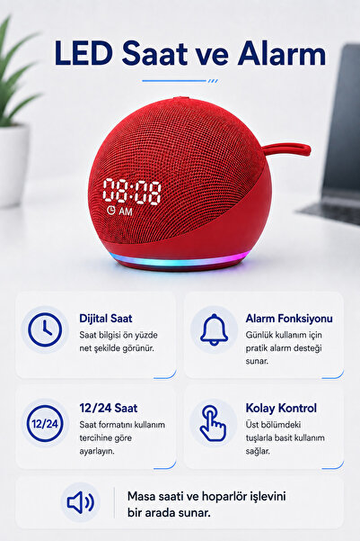 Zilvana Bluetooth 5.1 RGB Işıklı Dijital Saatli Kablosuz Hoparlör 5W – FM Rad...