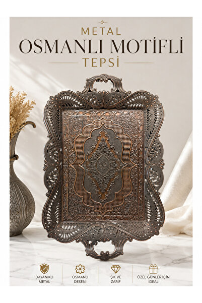KOZMİK GİFT Metal Osmanlı Motifli Dekoratif Sunum Tepsisi 39x25 cm Gold Dikdö...