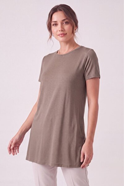 Betimoda Women's Four Seasons Crew Neck Short Sleeve Viscose Short Tunic Mink