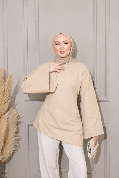 onlymoon Bej %100 Keten Arkadan Bağlamalı Asimetrik Kesim Tunik | Geniş Kollu...