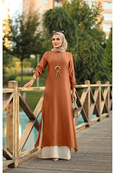 NS Moda Tesettür Çift Renkli Mila Elbise Kiremit-Model 584