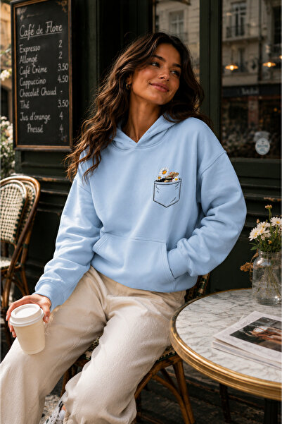 FAVORİST Women's Pocket Floral Printed Hooded Oversize Sweatshirt (3 Yarn)