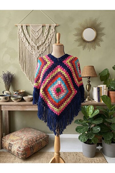 eL&Ma Design El Örgüsü Etnik Otantik Çok Renkli Motifli Panço