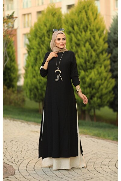 NS Moda Tesettür Çift Renkli Mila Elbise Siyah-Model 584