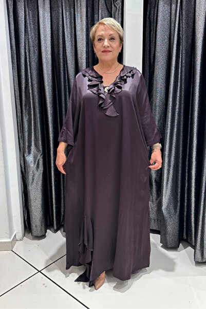 selma Büyük Beden Pamuk Saten Fırfır Detaylı Elbise
