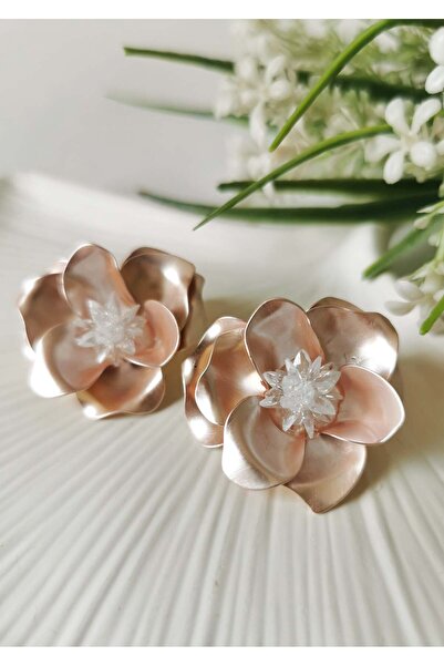Halley Concept Salmon Color Crystal Stone Detailed Layered Flower Model Steel...
