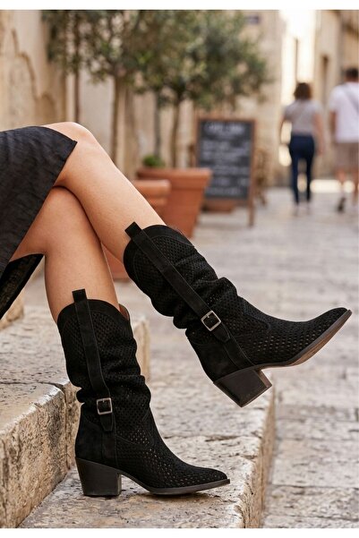 DMR Elegance Meria Black Suede Laser Cut Cowboy Heeled Boots