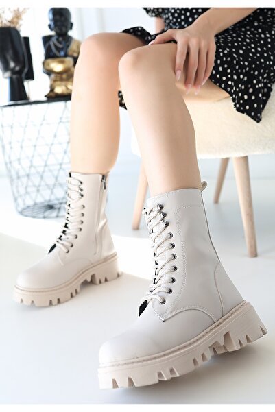 ALFA AKSESUAR 03 Neole Beige Leather Laced Boots
