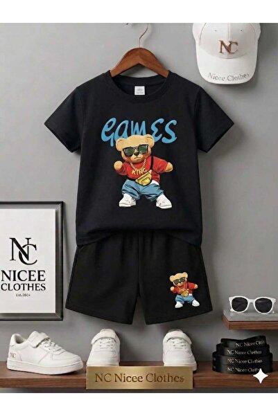 Leto Lykia Summer Children's T-Shirt Shorts Unisex (Games Bear Printed)
