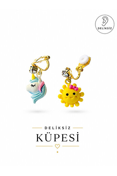 1PARÇAMAVİ Deliksiz kıstırmalı klipsli çocuk küpesi - ZİRKON TAŞLI UNİCORN KÜPE