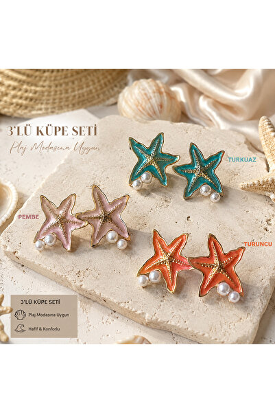 xUPING 3-Piece Starfish Pearl Detailed Gold Non-Tarnish Colorful Women's Earr...