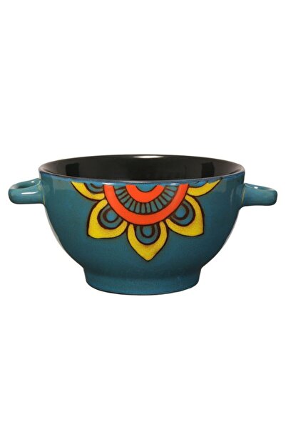 BAMI NETWORK Bol portelan albastru cu manere model mandala 650ml pentru supa