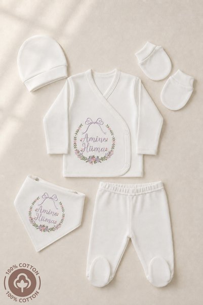 Miniel Unisex Bebek İsme Özel Nakışlı %100 Pamuklu 5'Li Yenidoğan Bebek Hastane Çıkış Seti Model 1