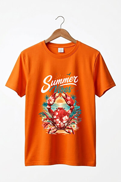 The Baski Summer Vibes Crab Printed 100% Cotton Regular Fit Crew Neck Basic T...