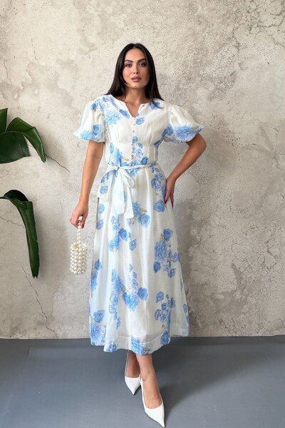 Elbee Fashion Woman فستان أزرق بأكمام منتفخة