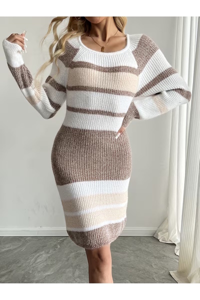 MaxiMor Women's Knitwear Long Sleeve Striped Knitted Sweater Tunic Dress Leng...