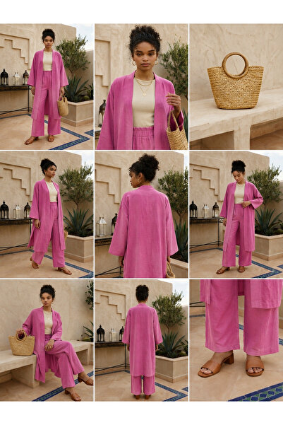 Generic Brand Plain Color Sofya Linen Fabric Long Kimono Top and Bottom Set
