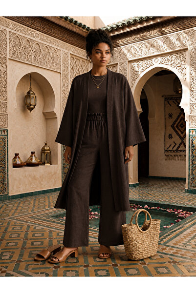 BNZ TEKSTİL Plain Color Sofya Linen Fabric Long Kimono Top and Bottom Set