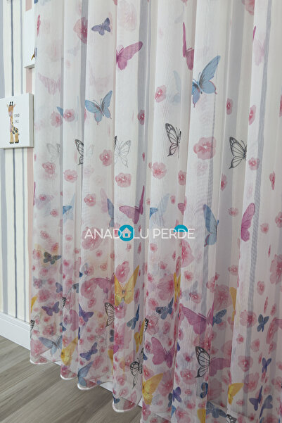 istper Butterfly Patterned Children's Room Tulle Curtain I Pleat-Free I Wrink...