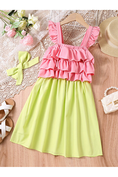 Take Two By Styli Girls Pink Ruffle Strappy Dress
