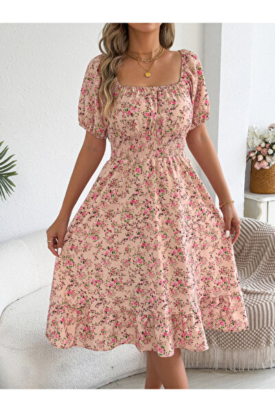 Take Two By Styli Pink Floral Square Neck A-Line Knee Length Dress