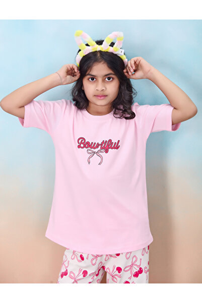 Artemea By Styli Girls Pink Cotton Bow Print T-Shirt and Pyjama Set