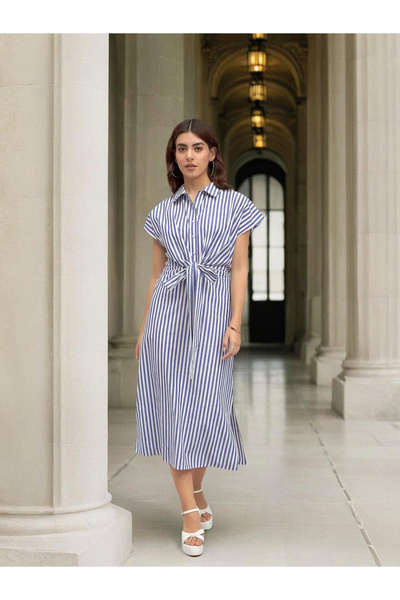 Dennis Lingo By Styli Blue 100% Cotton Striped Shirt Midi Dress