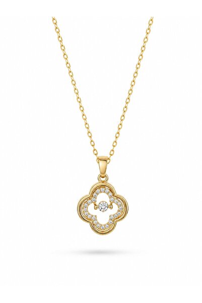 serelya 316L Steel Chain Gold Color Zircon Stone Clover Model Necklace
