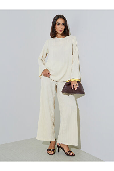 Amirah By Styli Cream Textured Long Top and Wide-Leg Trousers Modest Set