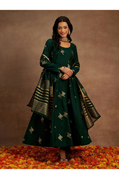 Libas By Styli Green Self Design Silk Blend Anarkali Kurta, Palazzos and Dupa...