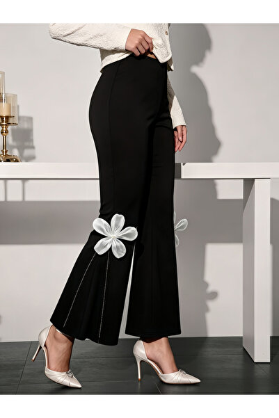 Take Two By Styli Black Bell-Bottom Trousers With Floral Applique