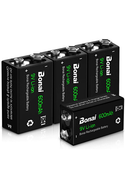 Bonai Комплект от 4 акумулаторни литиево-йонни 9 V батерии, 600mAh, 6F22, ста...