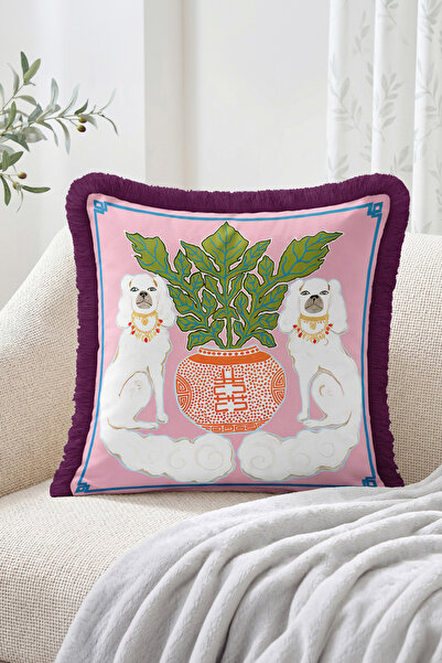 Realhomes Chinese Vase and Leaf Pattern Fringed Throw Pillow Cover with Two D...