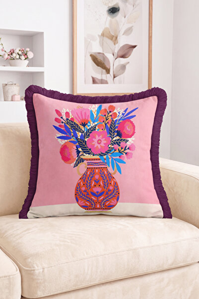 Realhomes Colorful Flower Bouquet in a Vase Patterned Fringed Throw Pillow Co...