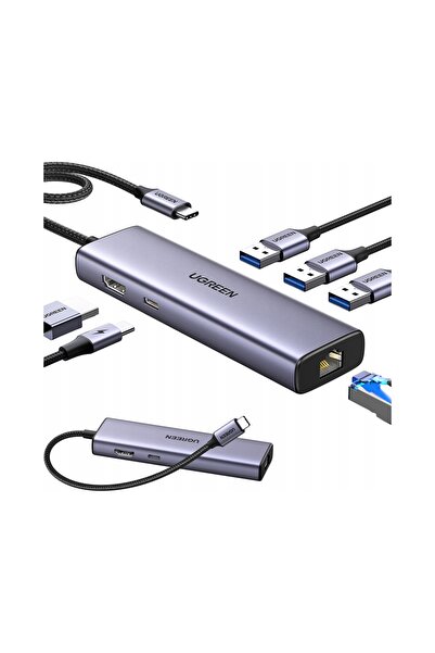 Ugreen Adaptor HUB 6 în 1 USB-C - 3x USB-A 3.0 / HDMI / RJ45 / USB-C PD - gri