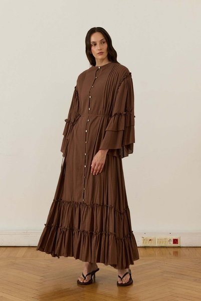 Moca Sareena Ribbed Detailed Voile Dress Brown