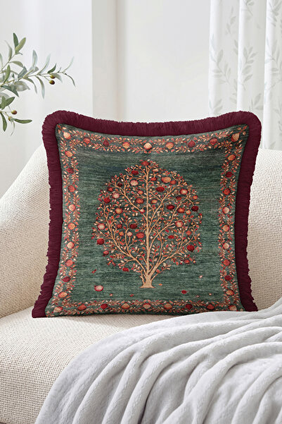 Realhomes Pomegranate Fruit and Tree of Life Motif Framed Patterned Fringed T...