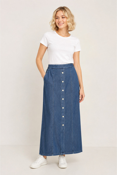 bihan store Women's One-Piece Buttoned Denim Skirt Y25-7588-Blue