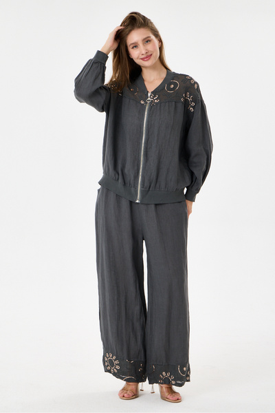 della moor Women's Anthracite Italian 100% Linen Mesh Sequin Embroidered Zipp...