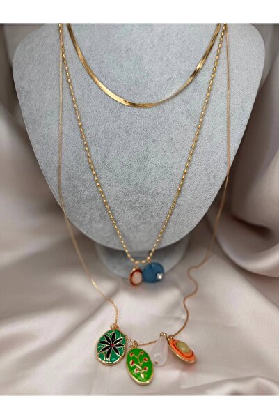 ZS Aksesuar Women's Gold Color 3 Layered Chain Necklace Snake Chain Colorful ...