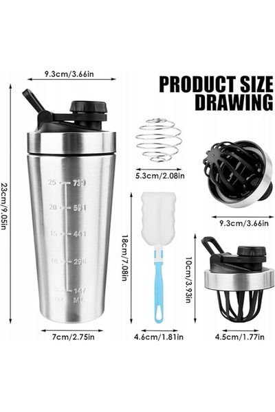 NO BRAND Shaker proteic din oțel 750ml cu bilă, mâner și scară gradată, pentr...