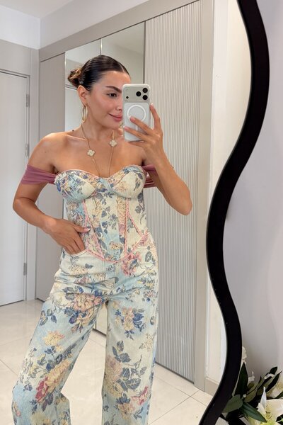 Gizem Ecemiş Lilie Pembe Çiçek Desen Korse Büstiyer