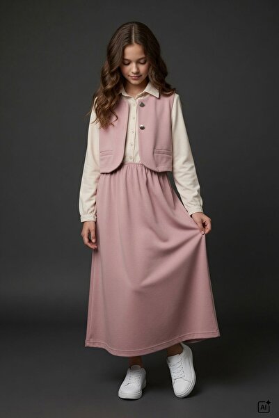 Cansın Mini Pink Girl's Zero Sleeve Vest Shirt Collar Dress Set 24749