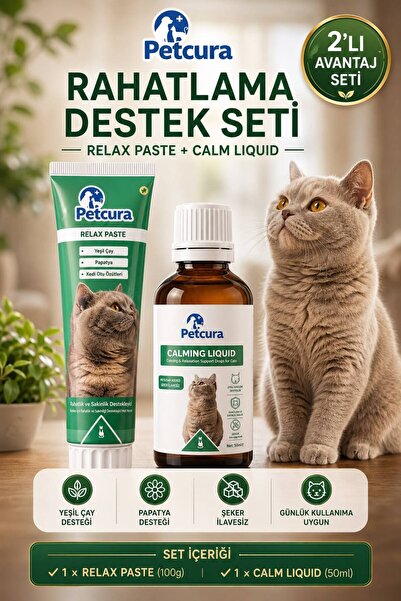 PETCURA Kedi Rahatlama Destek Seti Relax Paste 100 g + Calming Liquid 50 ml 2'li Avantaj Set