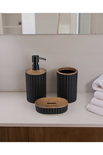 HowHomely SET DE BAIE 5 piese ROZA KOMPLET pentru WC negru / coș din lemn per...